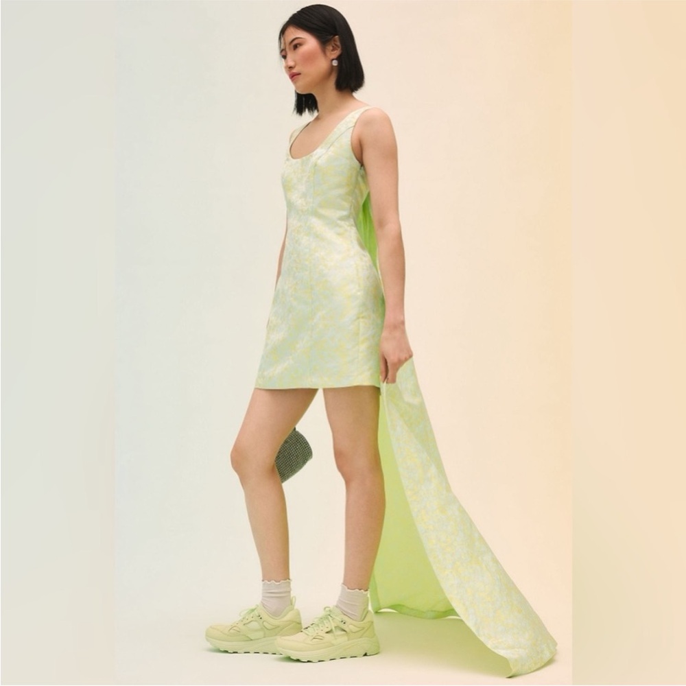 Anthropologie Light Lime Green High-Low Mini Dress with Attached Train